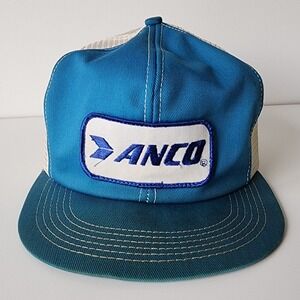 Vintage Anco‎ Trucker Hat Mesh Cap Snap Back Patch Logo Blue White 80s Workwear